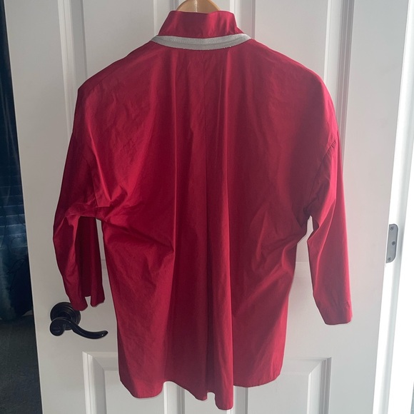 Lafayette 148 Dark Red Maroon 3/4 Sleeve Button Down Blouse Sparkle Beads Monili - Picture 6 of 8